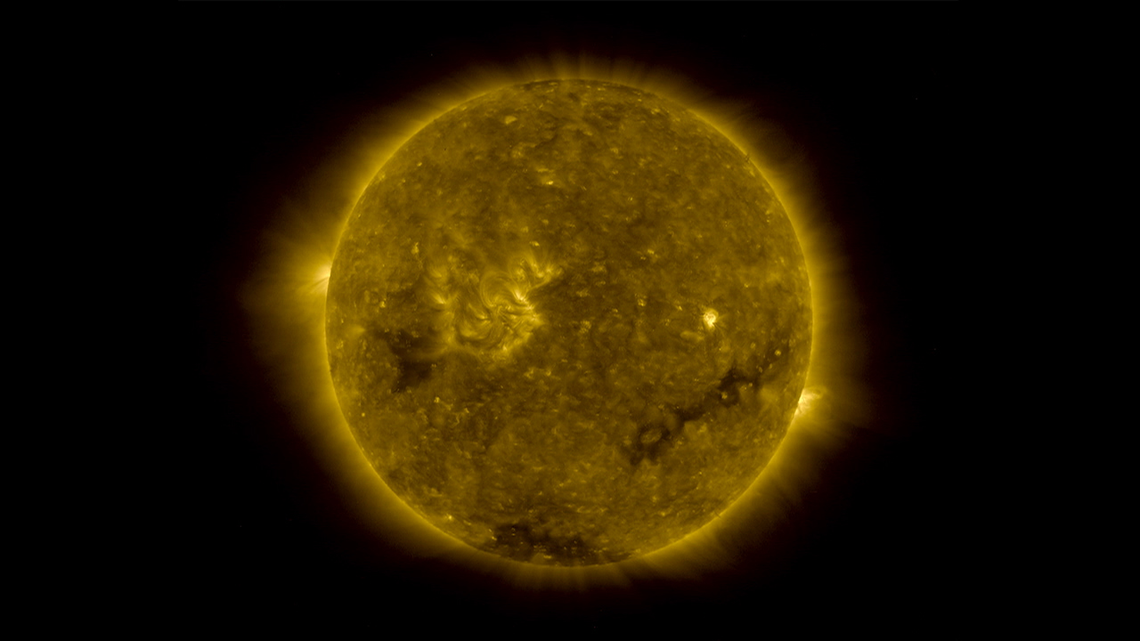 Solar Flares; note the very strong flare on the sun’s right side near the edge (limb) of the sun .