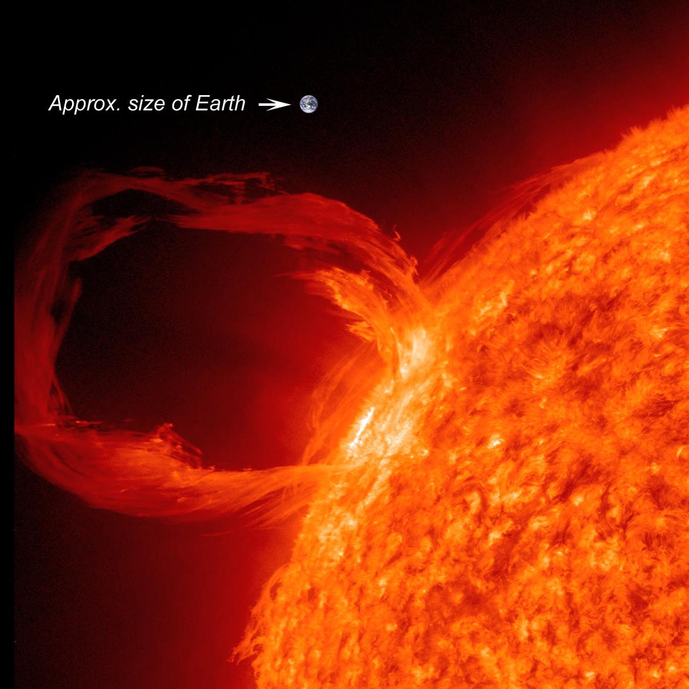 The Sun and a Coronal Mass Ejection compared with the size of the Earth.
