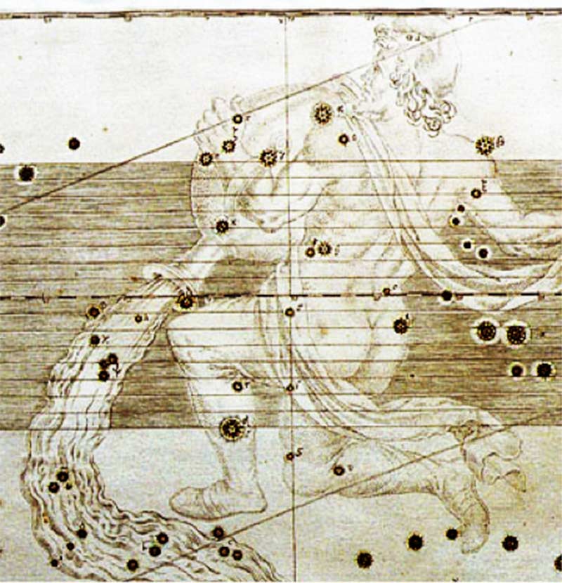 Image of the paining The constellation of Aquarius in the 1603 star map Uranometria By Johann Bayer.