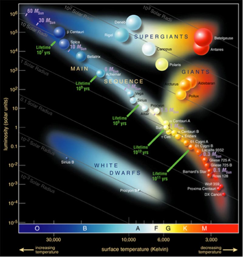 A Hertzsprung-Russell diagram showing the four major groupings of stars—Supergiants, giants, white dwarfs, and main sequence.