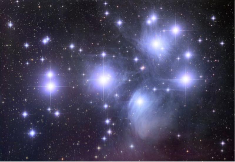 The Pleiades, M45; open cluster of bright stars, loosely gathered and irregular in shape.