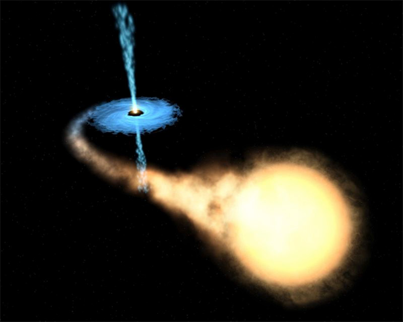 This image is Artist’s concept of an X-ray binary. Shows a large donor star and a star being cannibalized.
