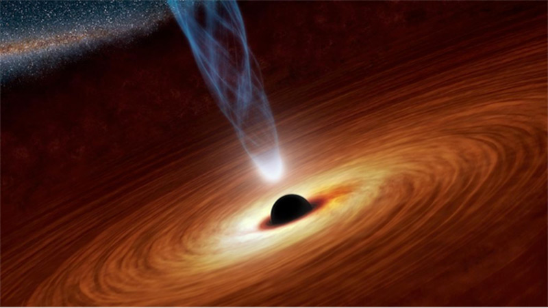 A black hole with a corona, X-ray source; shown by the white jet coming out of the center of the black hole.