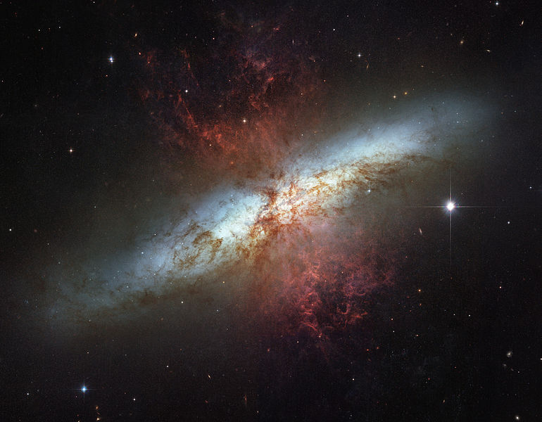 A photograph of Active galaxy M82, also known as a Starburst galaxy.