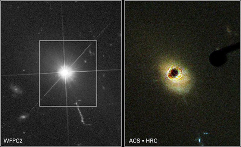Image shows the brilliant Quasar; the spikes of light also demonstrate the star-like appearance of the Quasar. Image shows the bright Quasar blocked (appears black), providing a view of the Quasar’s host galaxy.