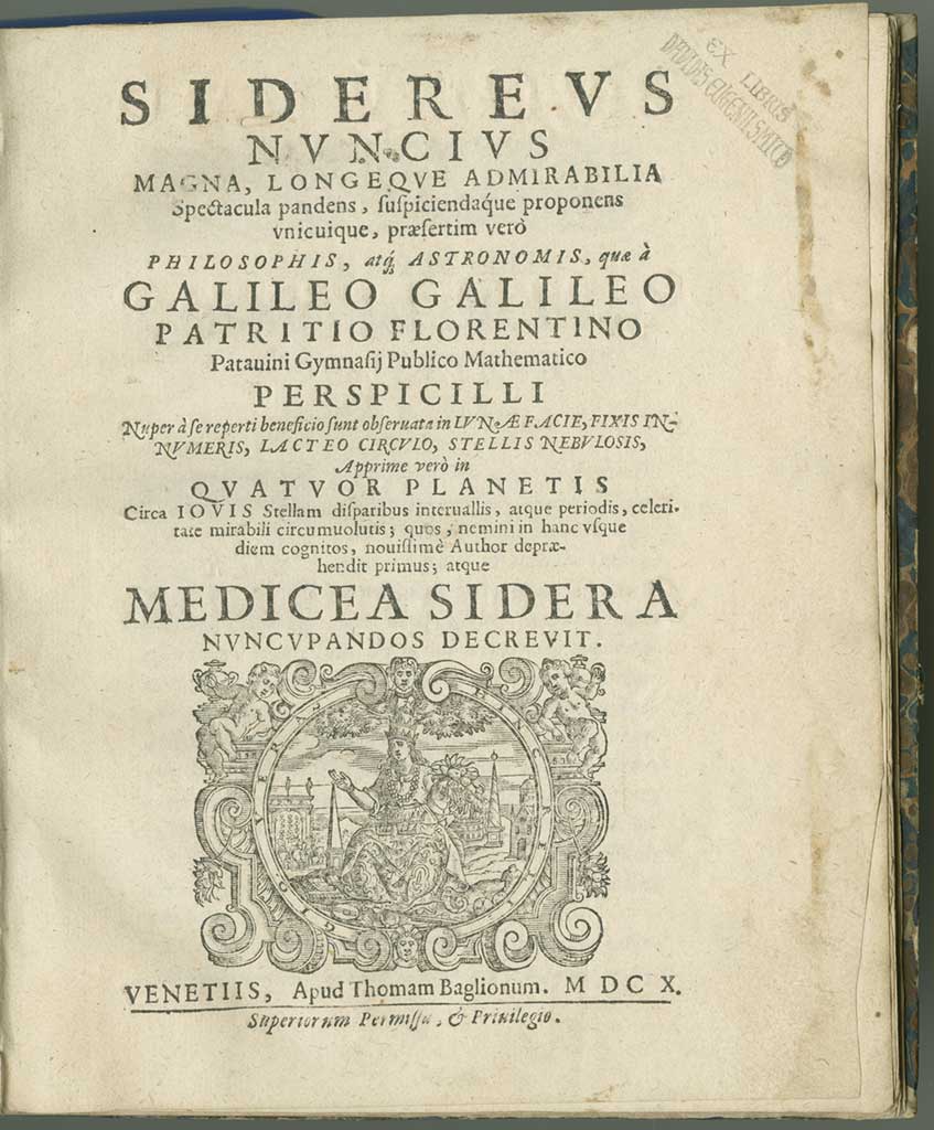 Vintage picture of title page of Sidereus nuncius (Starry Messenger) 1610, by Galileo Galilei (1564-1642).