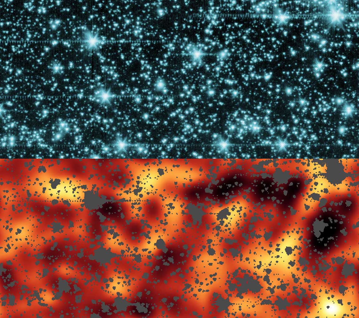 The top panel is an image from the Spitzer observatory of stars and galaxies in the constellation Draco, covering about 50 by 100 million light-years. This is an infrared image at a wavelength of 3.6 microns, below what the human eye can detect. The bottom panel is the result after all the forefront stars, galaxies and artifacts have been masked out. The remaining background has been enhanced to reveal a glow than cannot be attributed to modern galaxies or stars. This could be the glow of the first stars in the universe.