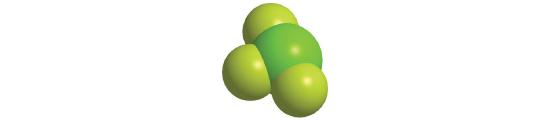 A large dark green atom is bound to three smaller green atoms in a t-shape.
