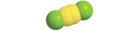 Two central yellow atoms are each bound to a green atom in a linear shape.