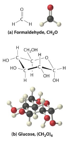 Diagram shows (a) the molecular structure of formaldehyde (CH₂O) and (b) the ring and ball-and-stick model of glucose (C₆H₁₂O₆).