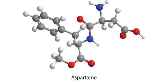 A ball-and-stick molecular model labeled Aspartame shows atoms as colored spheres connected by sticks representing bonds.