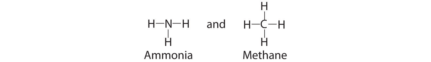 Structural formula for ammonia and methane.