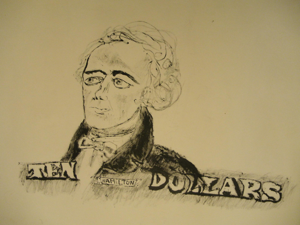 Pencil drawing of Alexander Hamilton with the words TEN DOLLARS in block letters underneath.