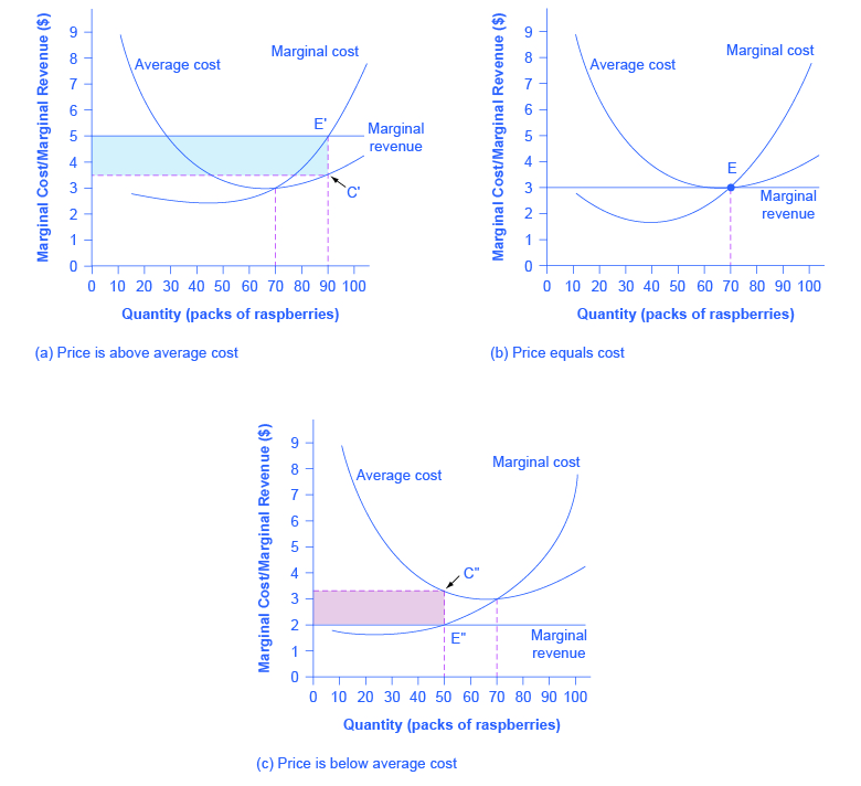 The three graphs show how profits are affected depending on where total cost intersects average cost. They are described further in the text that follows.