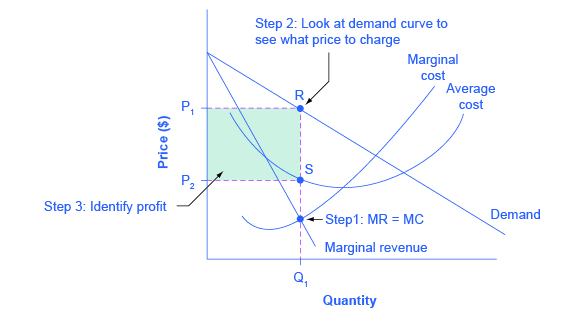 The graph shows monopoly profits as the area between the demand curve and the average cost curve at the monopolist's level of output.