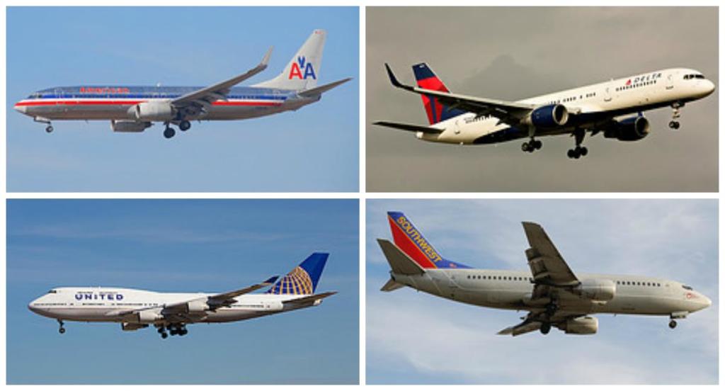 Four images of flying airplanes. The four airplanes shown are Delta, American Airlines, United, and Southwest.