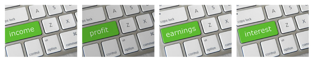 Four photographs of a keyboard with the "shift" key replaced with words related to money. The shift key instead says "income," "profit," "earnings," and "interest."