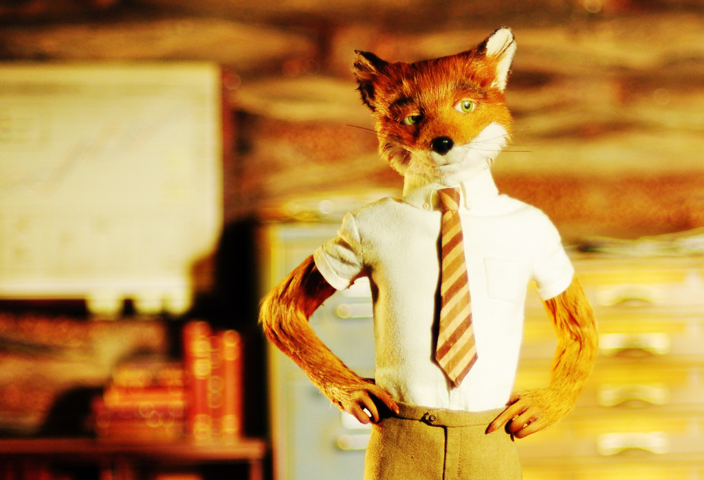 Photo of Mr. Fox (fox puppet wearing a dress shirt and tie) from the movie Fantastic Mr. Fox.