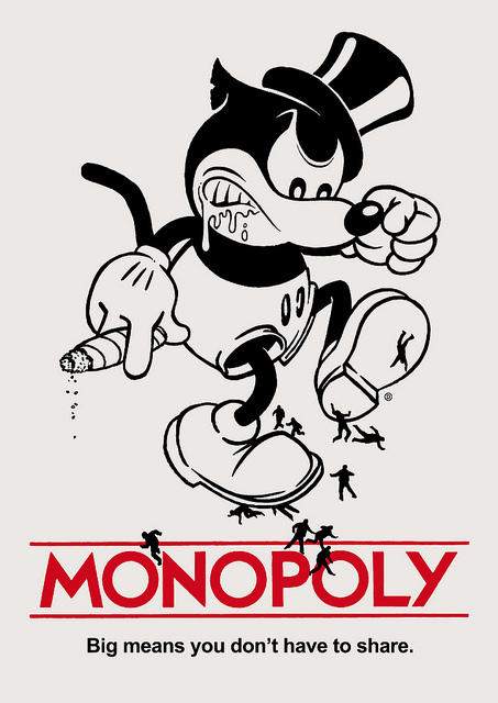 Image of a Mickey Mouse-type caricature holding a cigar, wearing a top hat, and stomping on "little people" who look like toy soldiers. Below the words read, "Monopoly: Big means you don't have to share."