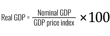 Real GDP equals nominal GPD divided by GDP price index times 100