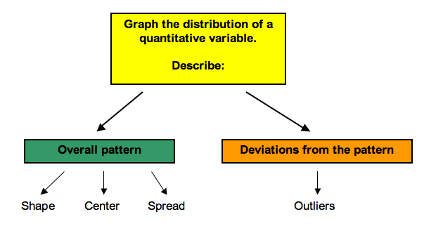 An outline that shows that shape, center, and spread constitute the data pattern; outliers are exceptions to the pattern.