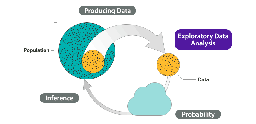 The Big Picture of statistics. Shown on the diagram are Step 1: Producing Data, Step 2: Exploratory Data Analysis, Step 3: Probability, and Step 4: Inference. Highlighted in this diagram is Step 2: Exploratory Data Analysis.