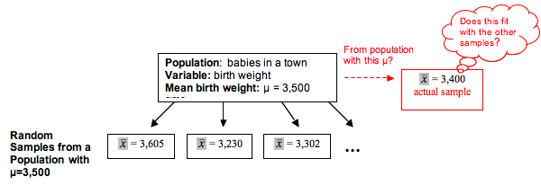 Random samples from a population of babies with a mean birth weight of 3,500 grams have means of 3,605, 3,230, and 3,302 grams.