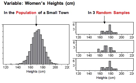 The graphs of three random samples of the heights of 20 women taken from the population of a small town all look fairlysimilar to each other.