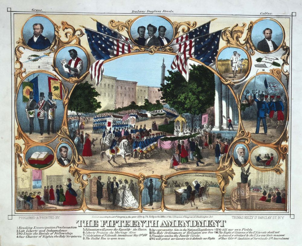 Painting depicting several important themes related to the fifteenth amendment. The print celebrates the military achievements of black veterans, the voting rights protected by the amendment, the right to marry and establish families, the creation and protection of black churches, and the right to own and improve land.