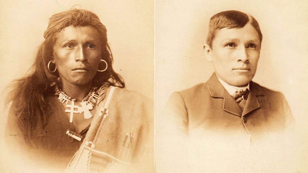 Photograph of Tom Torlino as he entered school on the left. He has dark, tanned skin, long hair, earrings, and is wearing traditional clothing. In the picture on the right, his skin is lighter, he has short hair, is wearing a suit, and looks modernized.