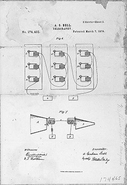 A page from Alexander Graham Bell’s patent of the telephone is shown, depicting different illustrations of the device.