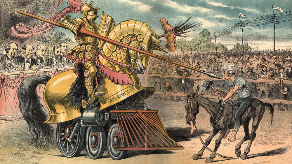 Image of jousting tournament between an impressively armored horse, with train wheels for legs, and an armored knight, fighting against a scrawny horse and jockey carrying a mallet.
