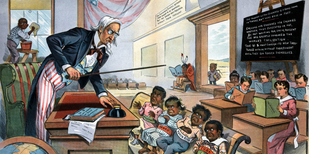 Painting of Uncle Sam teaching the rowdy students with dark skin (The Philippines, Hawaii, Puerto Rico, and, Cuba) in the front of the room while the other light-skinned students sit quietly in the back.