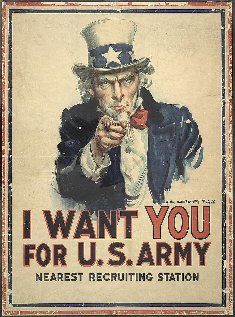 Famous "I want YOU for the U.S. Army" Uncle Sam recruitment poster with Uncle Sam pointing a finger toward the viewer.
