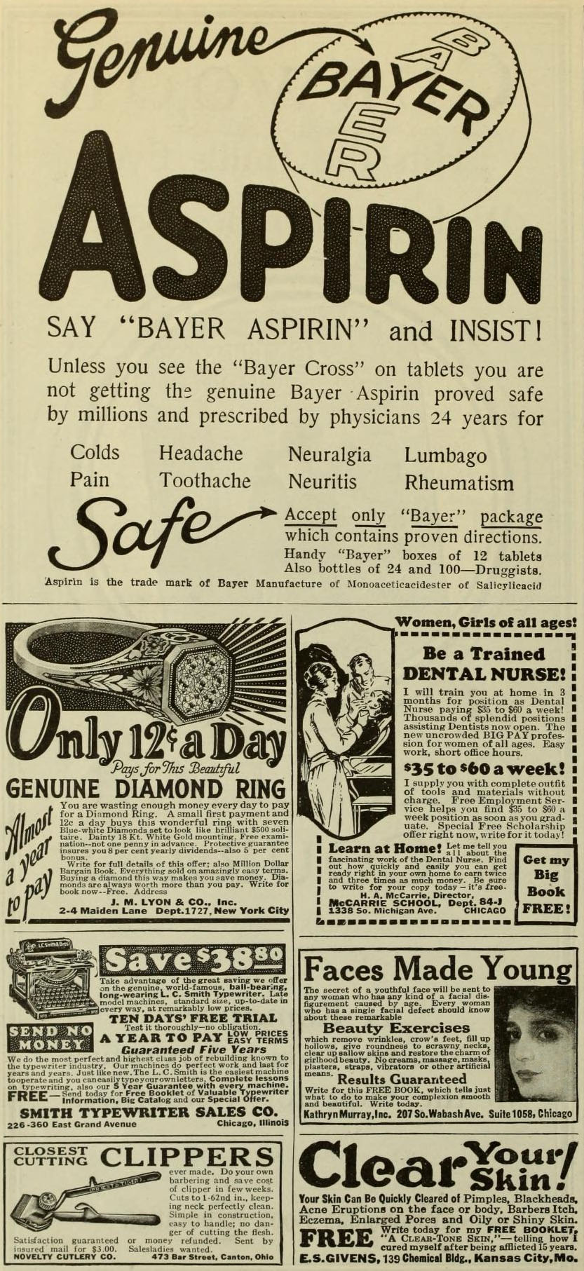Old newspaper advertisement for Aspirin, diamond rings, clippers, face creams, typewriters, and training to be a dental nurse.