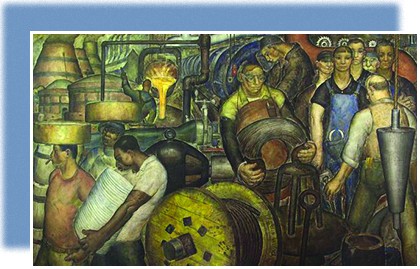 A mural shows a group of male workers engaged in a variety of manufacturing tasks.