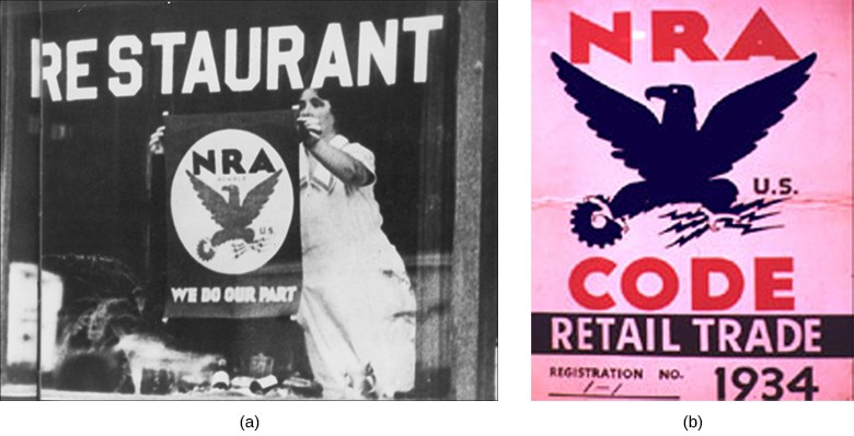 Photograph (a) shows a restaurant proprietor hanging a poster in the window with a depiction of the Blue Eagle and the words “NRA. We do our part.” Photograph (b) shows the Blue Eagle up close: His talons grip a machine gear on the left and three lightning bolts on the right.