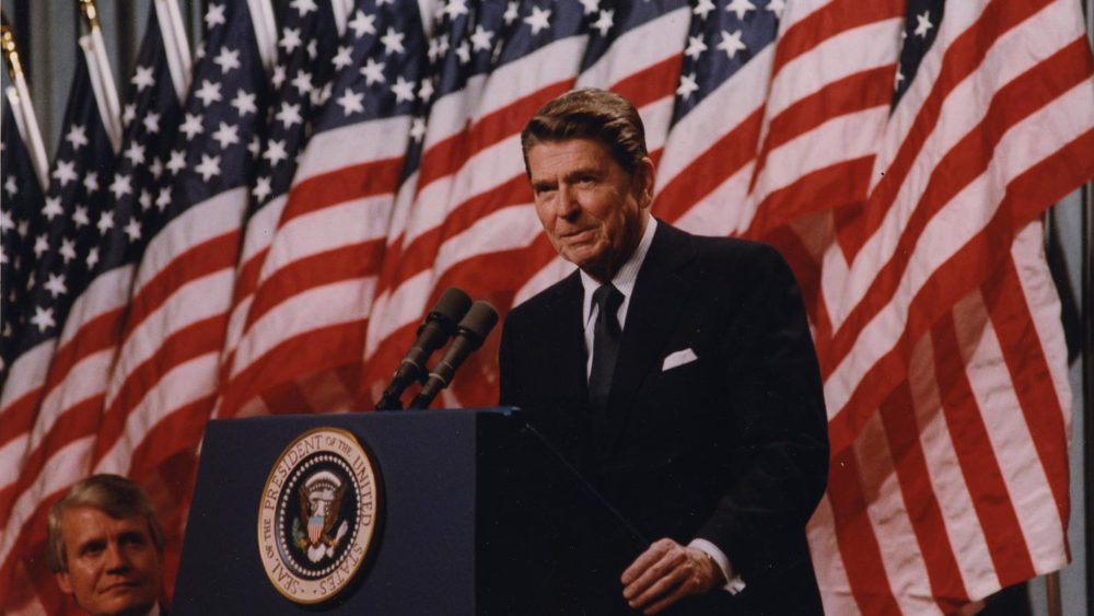 Reagan giving a speech.