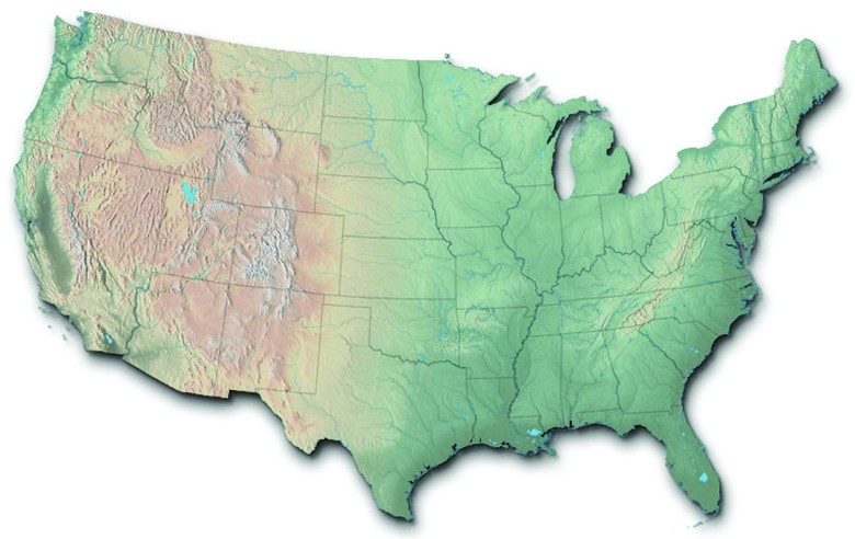 A map of the 48 contiguous states of the United States shows the physical surface shape and features of the land.