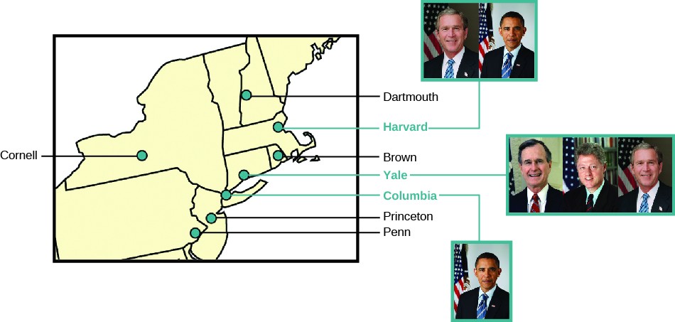 A chart showing an inset of the east coast of the United States with the locations of the seven Ivy League universities labeled: