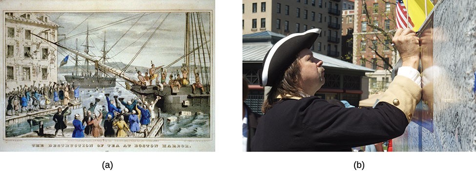 The lithograph in Part a shows a scene from the Boston Tea Party where protestors emptied tea chests into the Boston Harbor. Photo b shows a participant in a Tea Party Express rally, dressed in colonial clothing, writing on a wall.