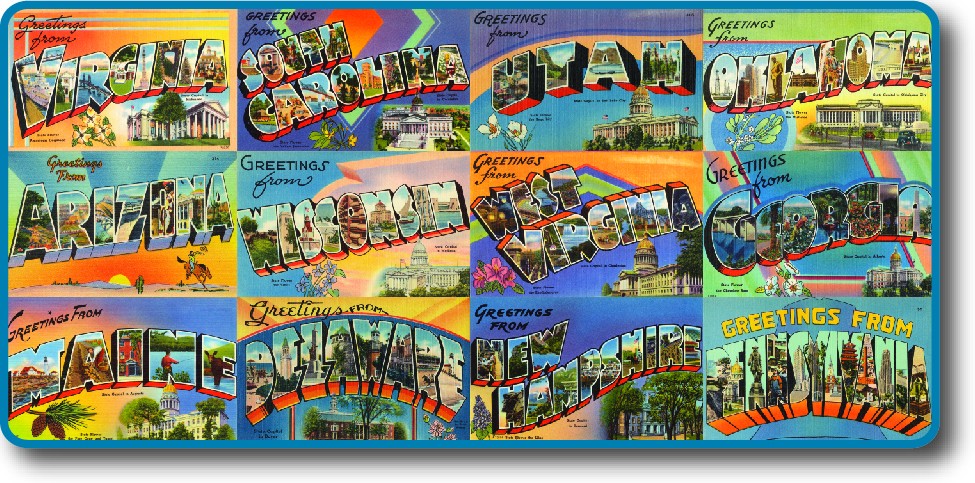 A series of postcards from different states, with the slogan