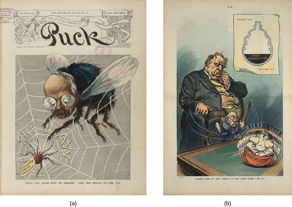 Image A is an illustration of a large fly with a man’s face. The fly is stuck in a web labeled