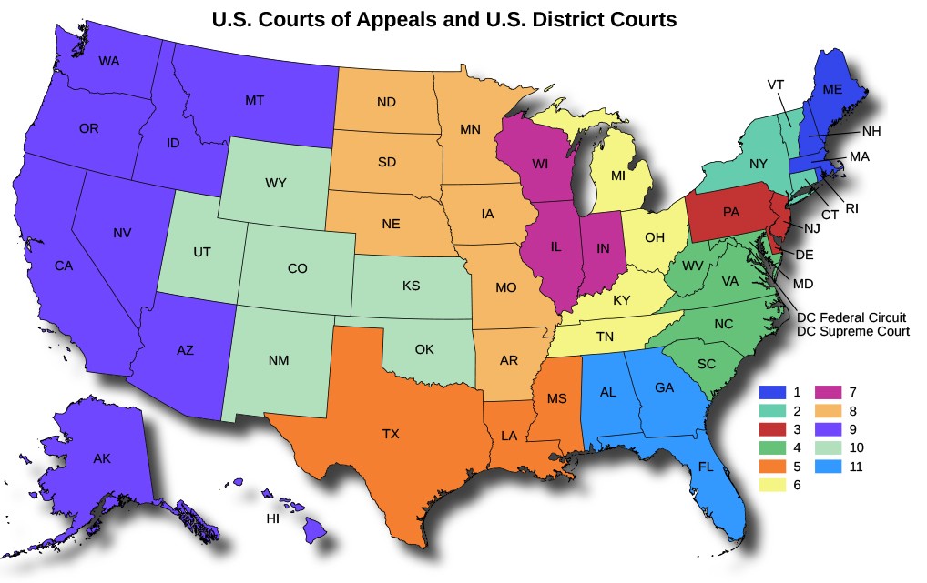 A map of the Unites States titled U.S. Courts of Appeal and U.S. District Courts