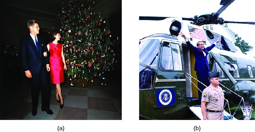 Image A is a photo of John F. Kennedy and Jacqueline Kennedy. Image B is a photo of Richard Nixon standing in front of a helicopter making