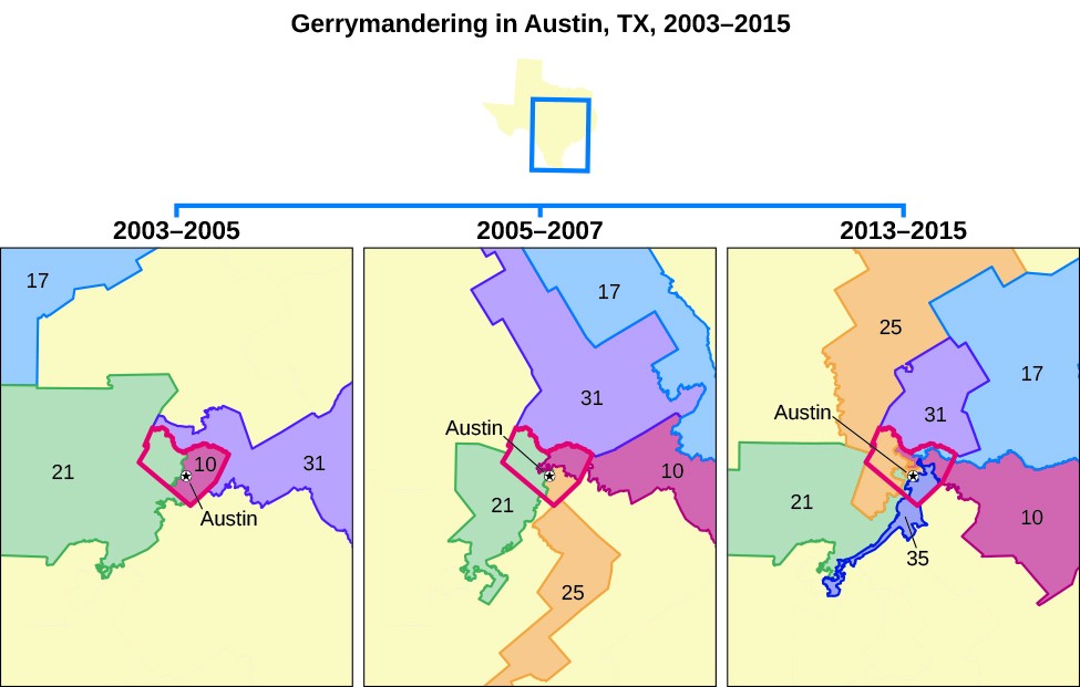 A series of three maps titled Gerrymandering in Austin, Texas, 2003–2015