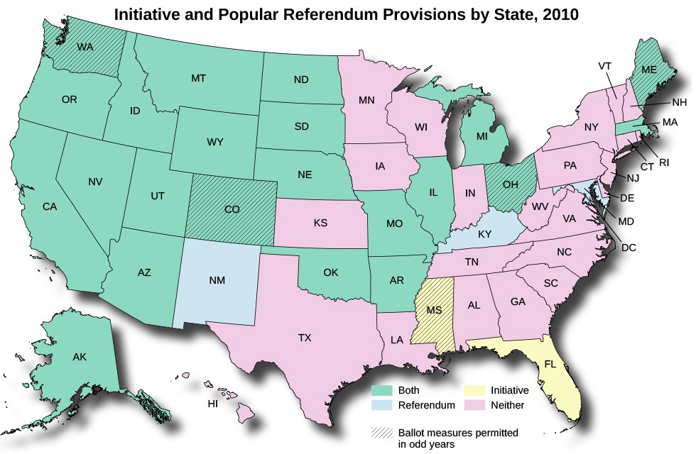 A map of the United States titled Initiative and Popular Referendum Provisions by State, 2010
