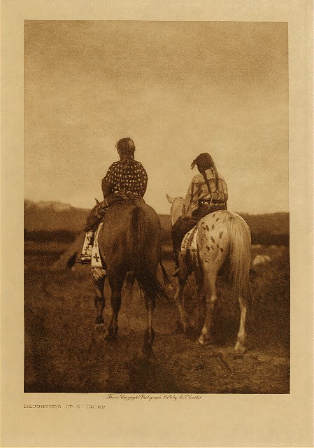 "Daughters of a Chief" painting by Edward S. Curtis of two Native American women on horses looking into the distance.