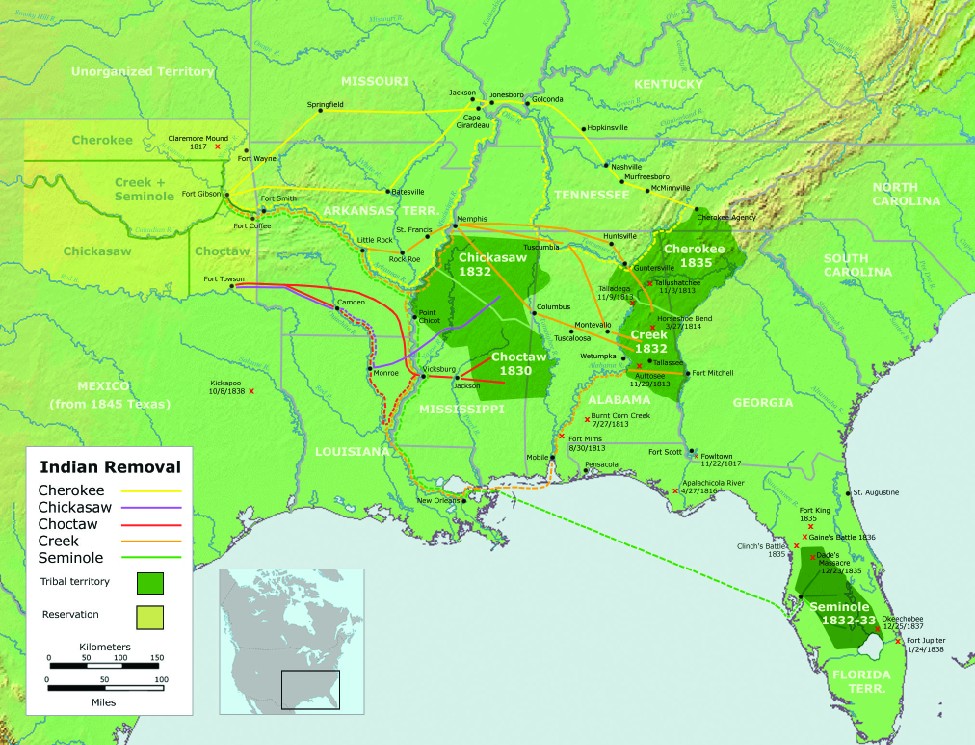 A map of the United States showing the southeast quarter of the country. On the map the paths of Indian Removal are shown. For