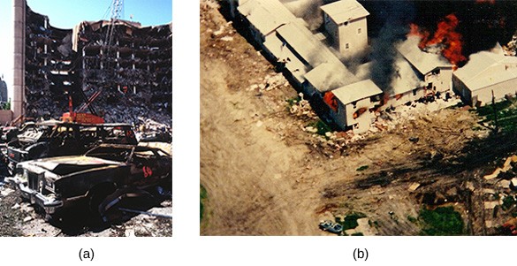 Photograph (a) shows the bombed federal building in Oklahoma City. Photograph (b) shows the siege of the Waco compound; flames shoot from the top of the Mount Carmel center.